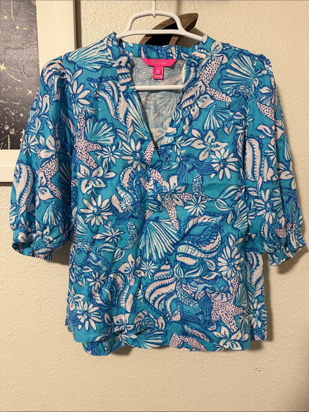 Lilly Pulitzer Mialeigh Top Elbow Sleeve Size 0 Amalfi Blue Linen